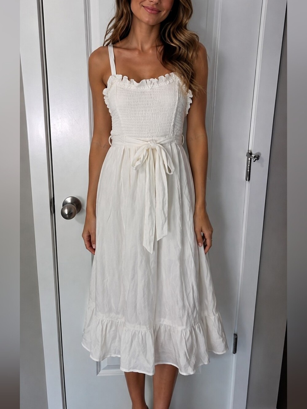 White Smocked Midi Sundress with Ruffle Trim